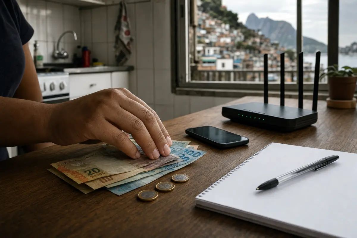 Mão organiza notas e moedas de real ao lado de roteador Wi‑Fi e smartphone, simbolizando renda e acesso remoto aos cursos do 