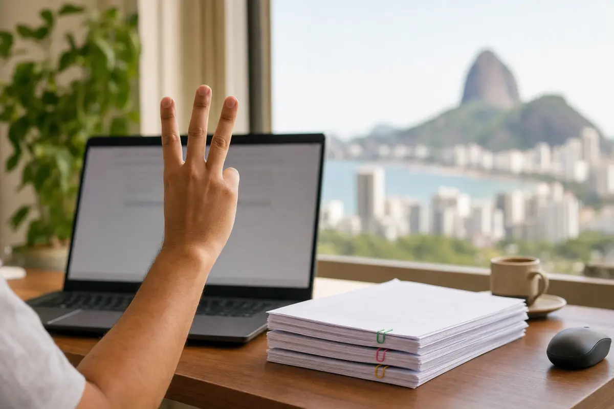 Mão ergue três dedos ao lado de laptop aberto e documentos com clipes coloridos sobre mesa de madeira, sugerindo etapas de in