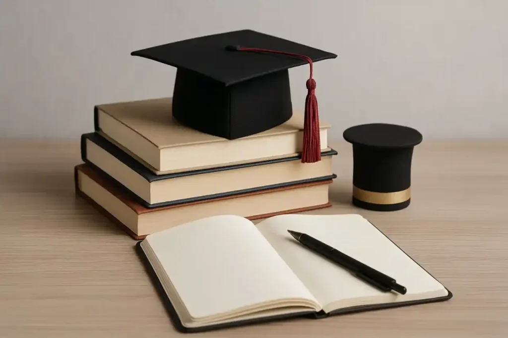 Ministério da Educação (MEC) reuniu no Portal Mais Professores 12 programas de pós-graduação com inscrições abertas e gratuidade - chapéu de formatura e livros