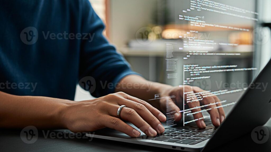 Pessoa programando em notebook — curso técnico em Desenvolvimento de Sistemas do Senac